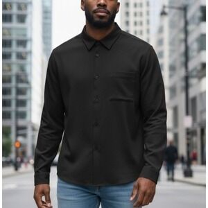NEW NAADAM Mens Cotton Long Sleeve Button Down Shirt‎ Black Casual Size Medium